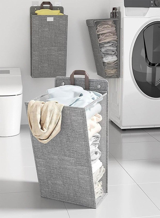 HELIMIX Wall Mounted Laundry Hamper Bag - Small Size (48x36x9 cm) Hanging Laundry Basket with Lid & Handle, Foldable Slim Dirty Clothes Storage Organizer for Bathroom, Bedroom & Dorm - Grey - Image 2
